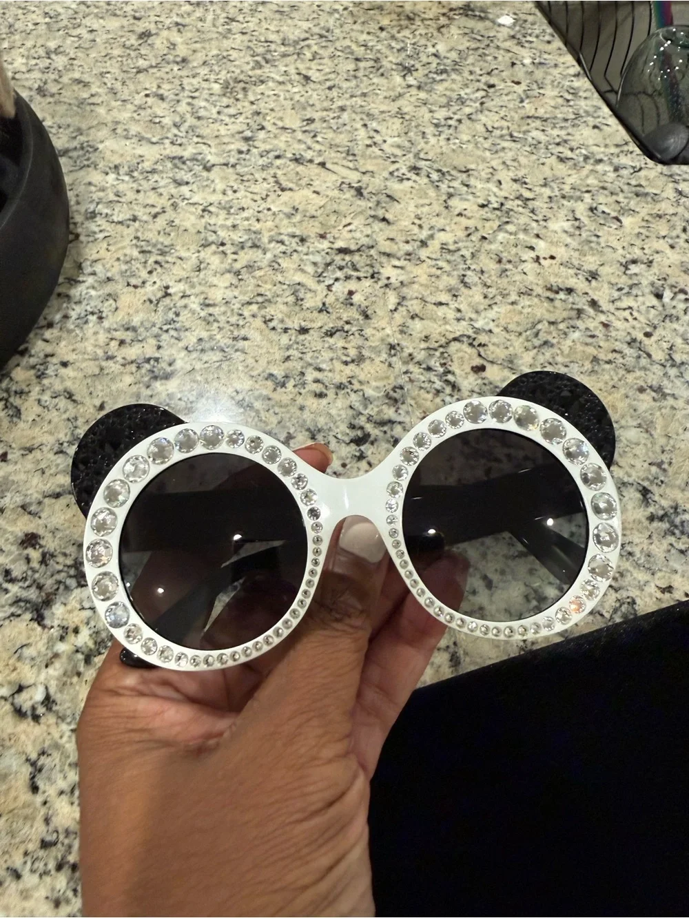 Dolce and Gabbana Panda White Rhinestone Round Sunglasses with Black Lenses